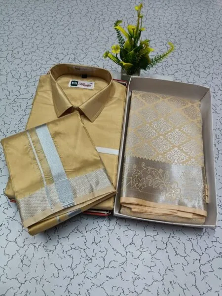 Silk Material Mixed Shirt Dothi and Saree Matching combo